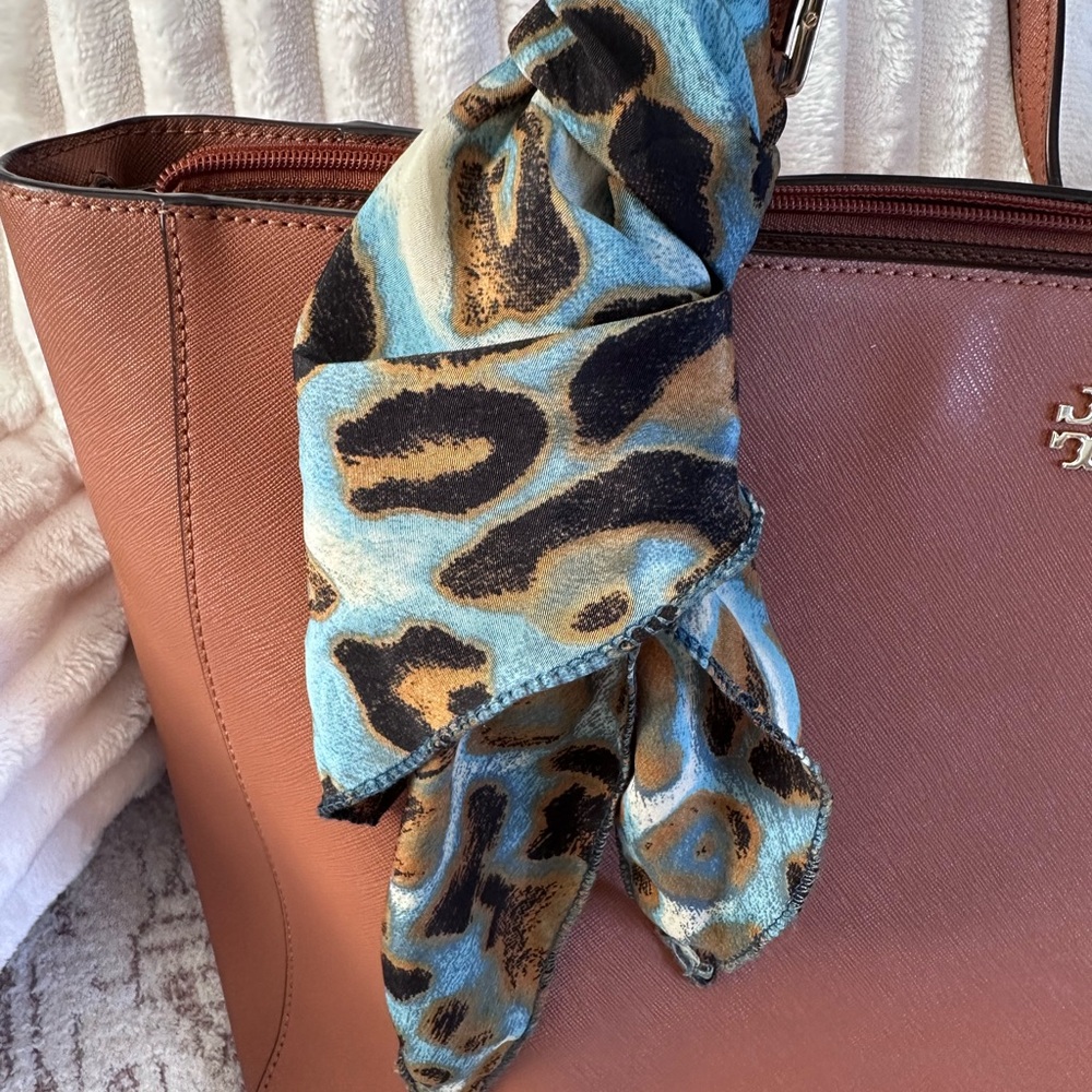Silk Leopard Print Scarf Blue & Tan | Chic Purse Twilly Hair Neck Scarf